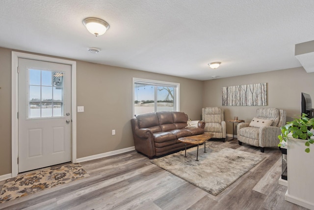 living room with hardwood / wood-style floors and a textured ceiling