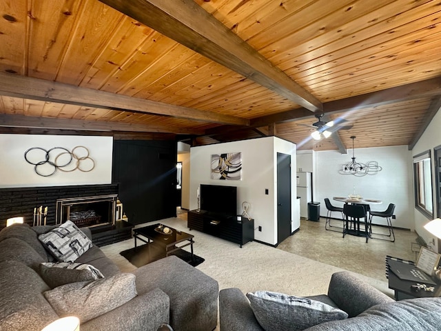 living room with a notable chandelier, wood ceiling, and beamed ceiling