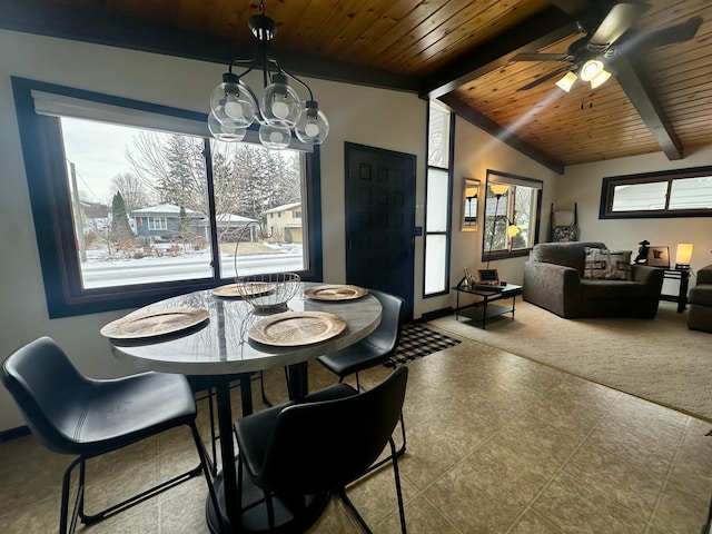 dining area with ceiling fan, a wealth of natural light, lofted ceiling with beams, and wooden ceiling