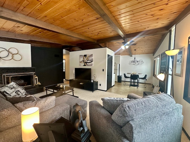 living room with wood ceiling and beam ceiling