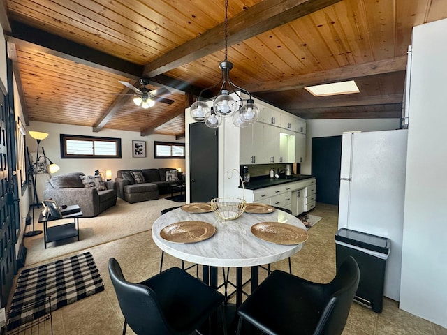 dining space featuring ceiling fan, beam ceiling, sink, and wooden ceiling