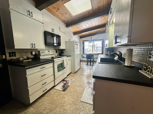 kitchen featuring sink, vaulted ceiling with beams, tasteful backsplash, white appliances, and white cabinets