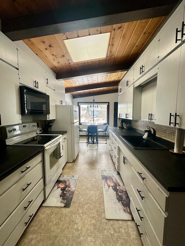 kitchen featuring white cabinetry, sink, white appliances, and wooden ceiling