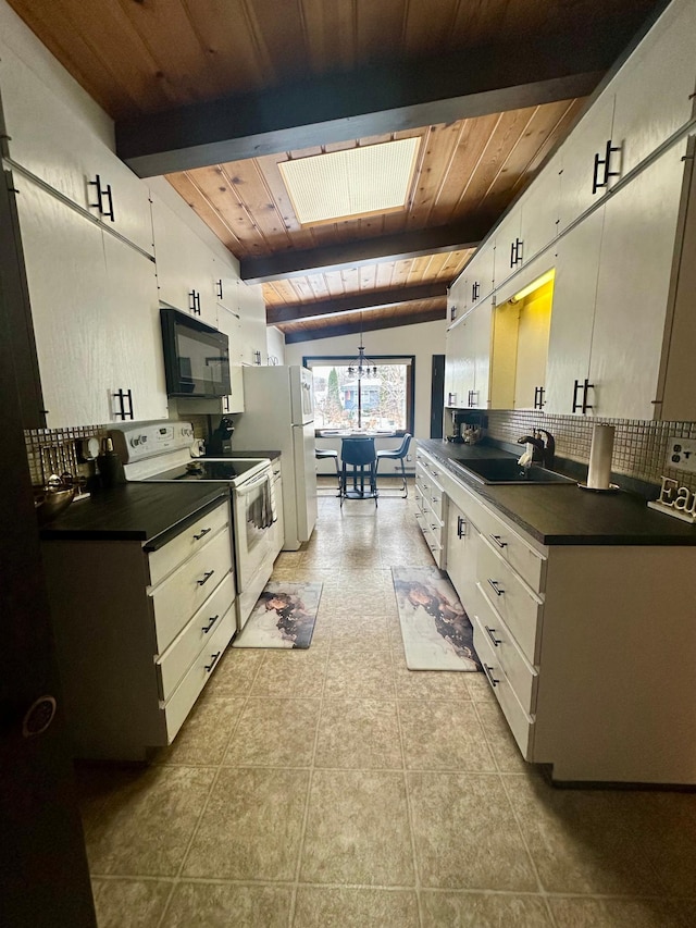 kitchen featuring sink, white appliances, white cabinetry, beam ceiling, and wooden ceiling