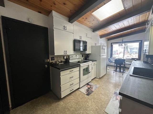 kitchen featuring sink, vaulted ceiling with beams, a notable chandelier, white appliances, and white cabinets