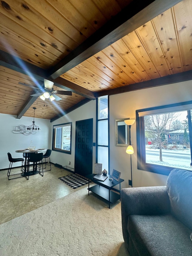 interior space featuring wood ceiling, lofted ceiling with beams, and ceiling fan