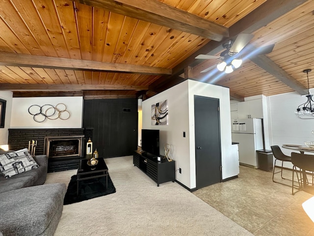 living room featuring ceiling fan, wooden ceiling, and beam ceiling