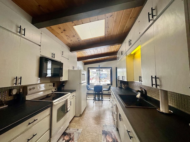 kitchen featuring sink, wood ceiling, white cabinets, white appliances, and backsplash