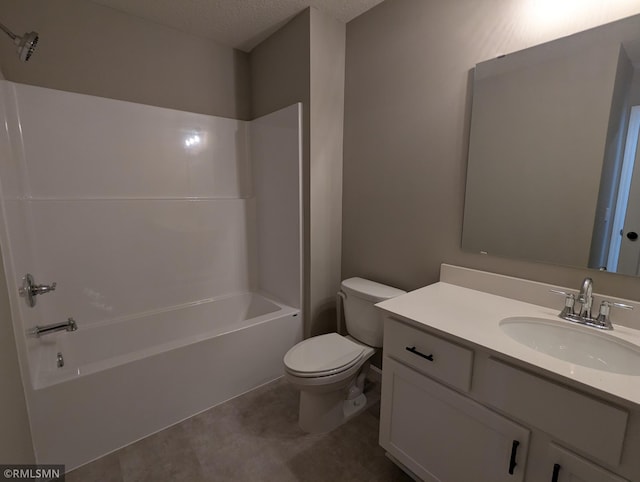 full bathroom with vanity, shower / bathing tub combination, toilet, and a textured ceiling