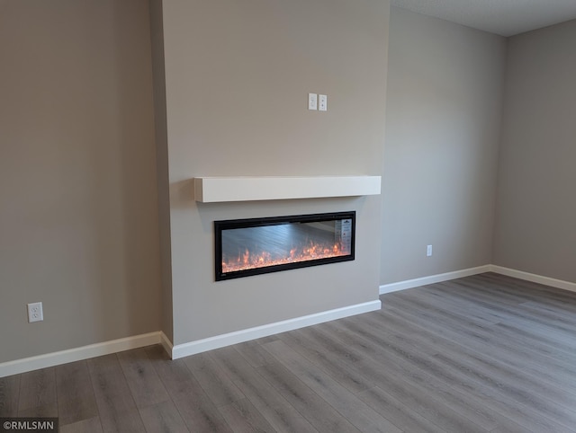 interior details featuring a glass covered fireplace, baseboards, and wood finished floors