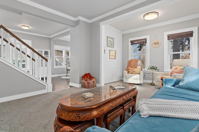 carpeted living room with ornamental molding, stairway, and baseboards