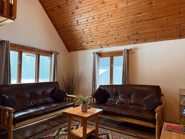 living room with hardwood / wood-style floors, wood ceiling, and high vaulted ceiling