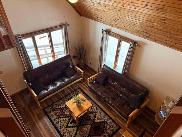 living room featuring lofted ceiling, dark hardwood / wood-style flooring, and wooden ceiling