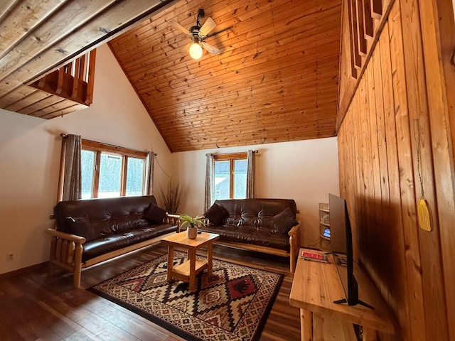 living room featuring high vaulted ceiling, wood-type flooring, wooden ceiling, and a healthy amount of sunlight