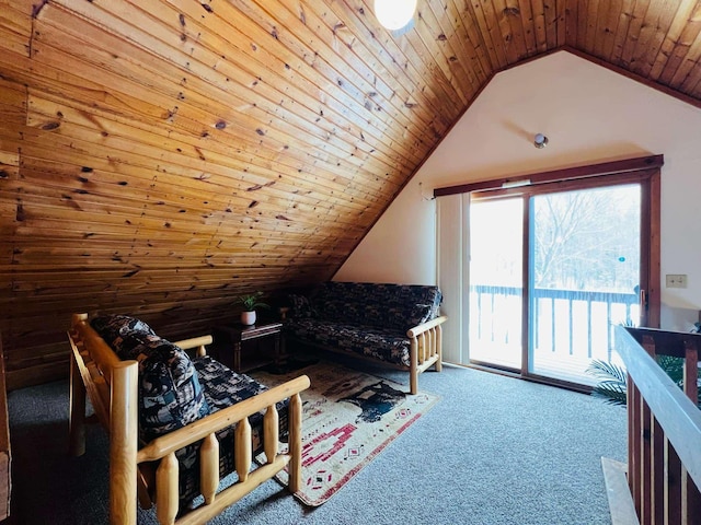 carpeted bedroom featuring access to outside, wooden ceiling, and vaulted ceiling