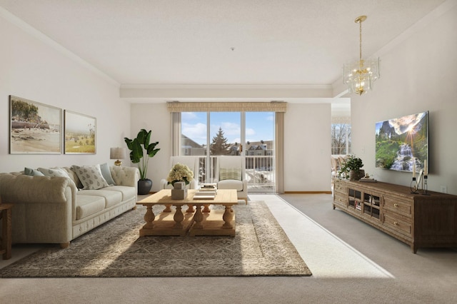 carpeted living room with a notable chandelier, crown molding, and baseboards