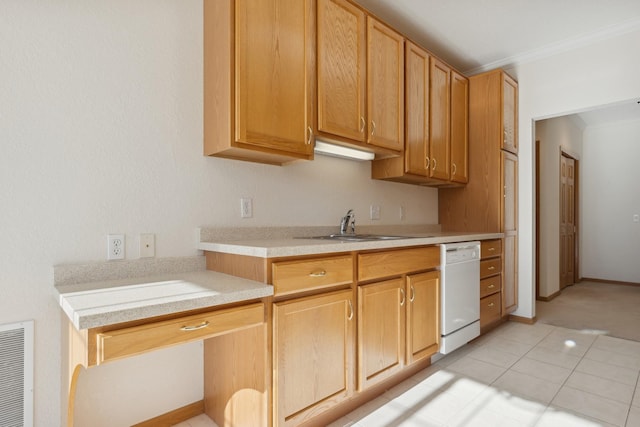 kitchen with crown molding, light countertops, white dishwasher, and visible vents