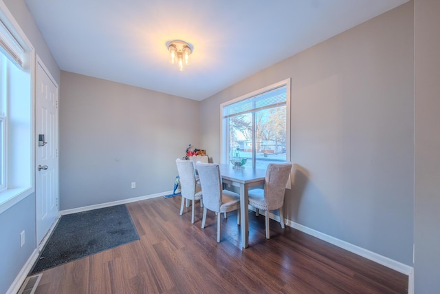 dining area featuring dark wood-type flooring