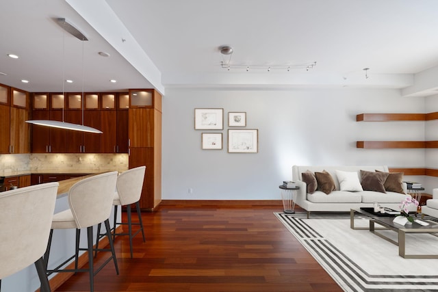 living room with dark hardwood / wood-style flooring