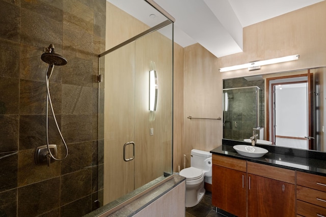 bathroom with vanity, toilet, and a shower with shower door