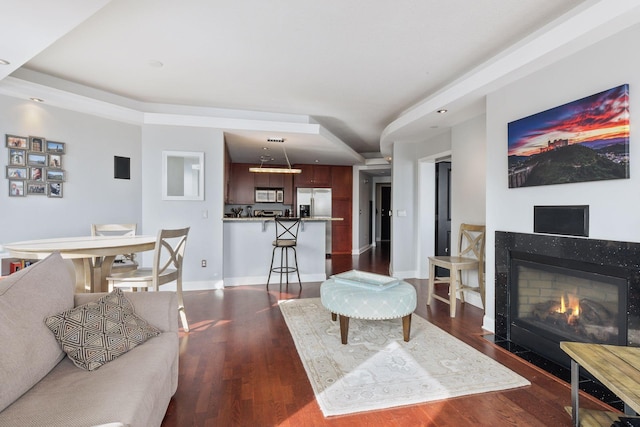 living room featuring dark wood-type flooring and a high end fireplace