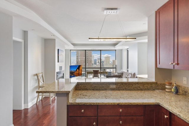 kitchen featuring dark wood-type flooring, kitchen peninsula, and light stone countertops