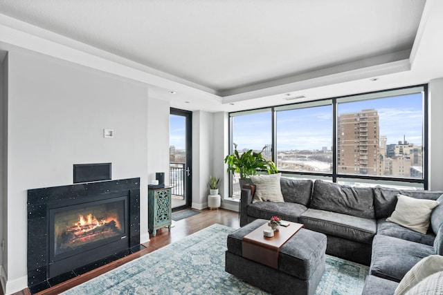 living room featuring wood-type flooring, a fireplace, and a tray ceiling