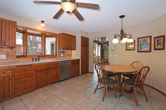 kitchen featuring sink, dishwasher, ceiling fan, tasteful backsplash, and decorative light fixtures