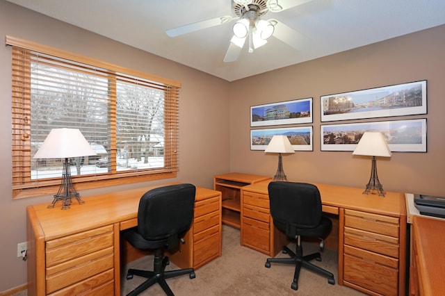 home office with light colored carpet and ceiling fan