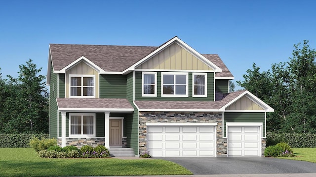 craftsman inspired home with board and batten siding, a front yard, stone siding, and a shingled roof