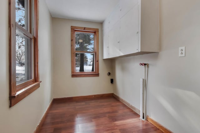 clothes washing area with dark hardwood / wood-style flooring