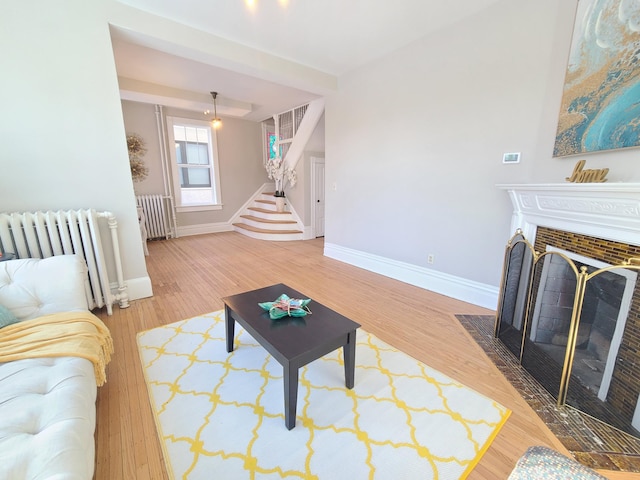 living room featuring hardwood / wood-style flooring and radiator heating unit