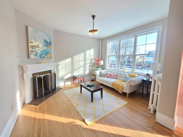 living room with hardwood / wood-style flooring and vaulted ceiling