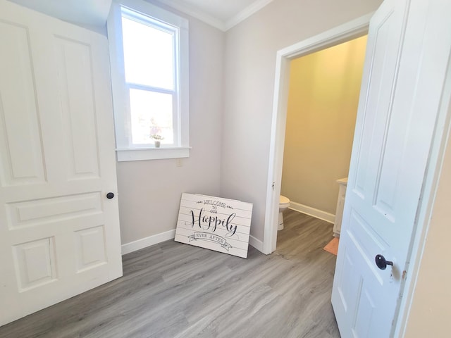 interior space with ornamental molding and light hardwood / wood-style floors