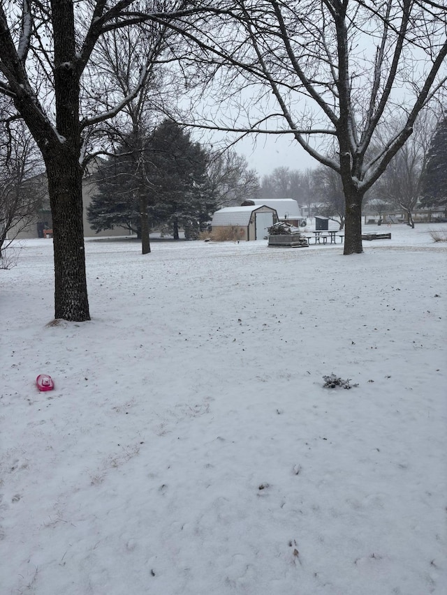 yard layered in snow featuring an outbuilding