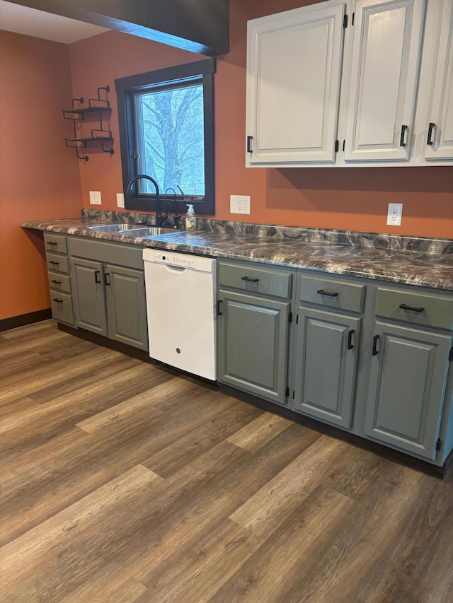 kitchen with sink, dark wood-type flooring, white cabinets, and dishwasher