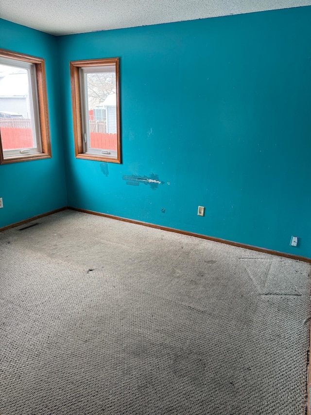 empty room featuring a textured ceiling, carpet floors, and a healthy amount of sunlight