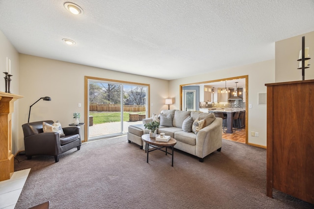carpeted living area with a textured ceiling