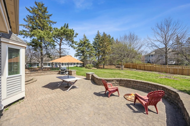 view of patio / terrace featuring a fenced backyard and an outdoor fire pit