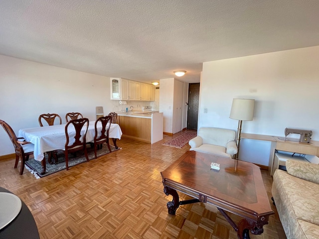 living room featuring baseboards and a textured ceiling