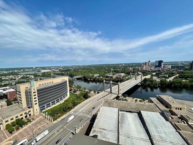 aerial view with a water view and a city view