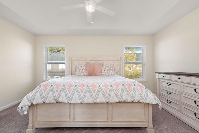 carpeted bedroom with ceiling fan, a raised ceiling, and multiple windows