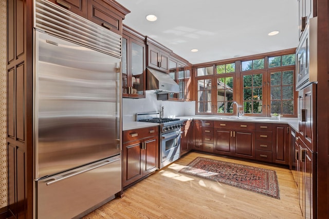 kitchen featuring high end appliances, light hardwood / wood-style floors, range hood, and sink