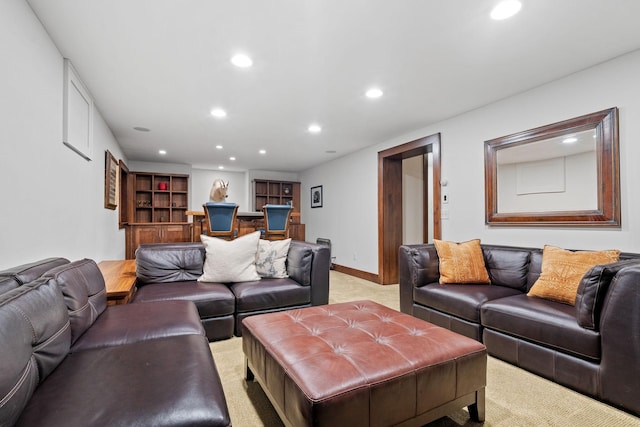 living room featuring light carpet