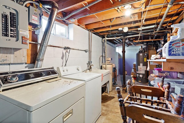 washroom featuring laundry area, electric panel, separate washer and dryer, a sink, and water heater