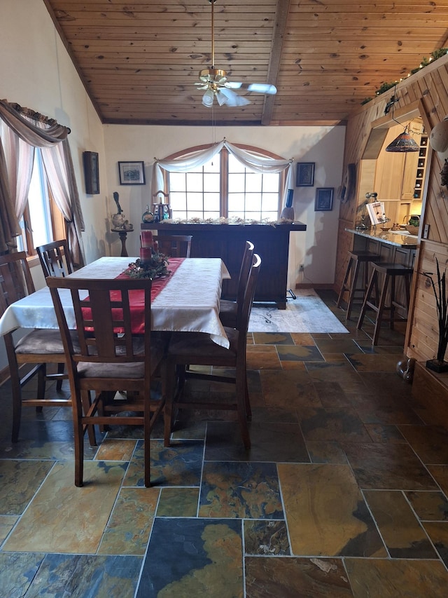 dining area with wood ceiling, ceiling fan, and lofted ceiling