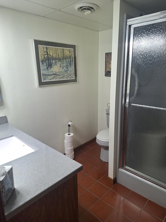 full bathroom featuring a shower stall, tile patterned flooring, visible vents, and vanity