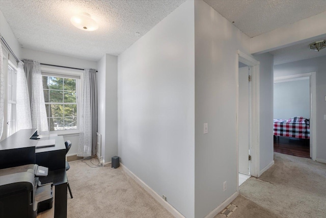 carpeted office with a textured ceiling