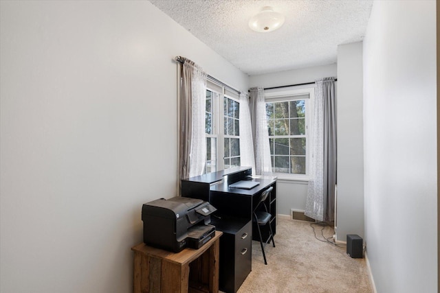 home office with light colored carpet and a textured ceiling