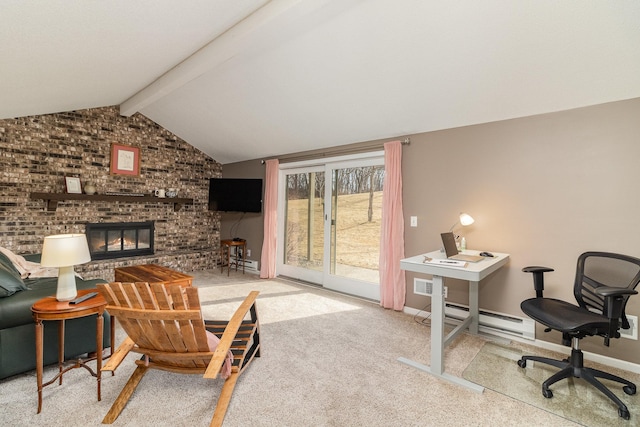 living area with lofted ceiling with beams, a baseboard heating unit, a fireplace, baseboards, and carpet